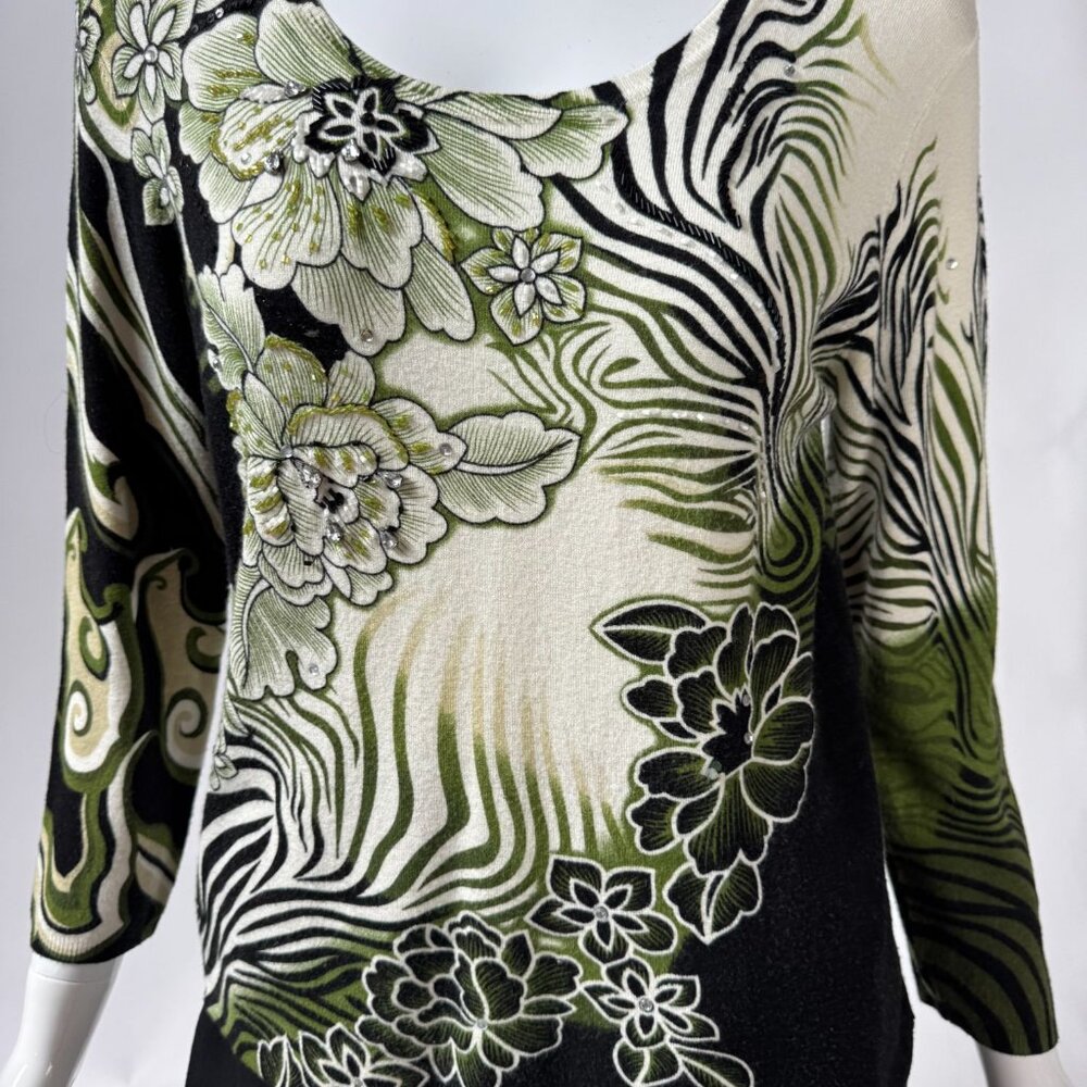 Neiman Marcus Exclusive Floral & Zebra Print Knit Top With Embellishments Scoop